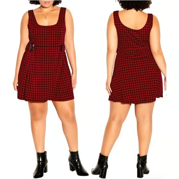 City Chic Dresses & Skirts - City Chic Pinafore Dress Plaid Checks Pini Gingham Red Black Buckle Plus Size 22
